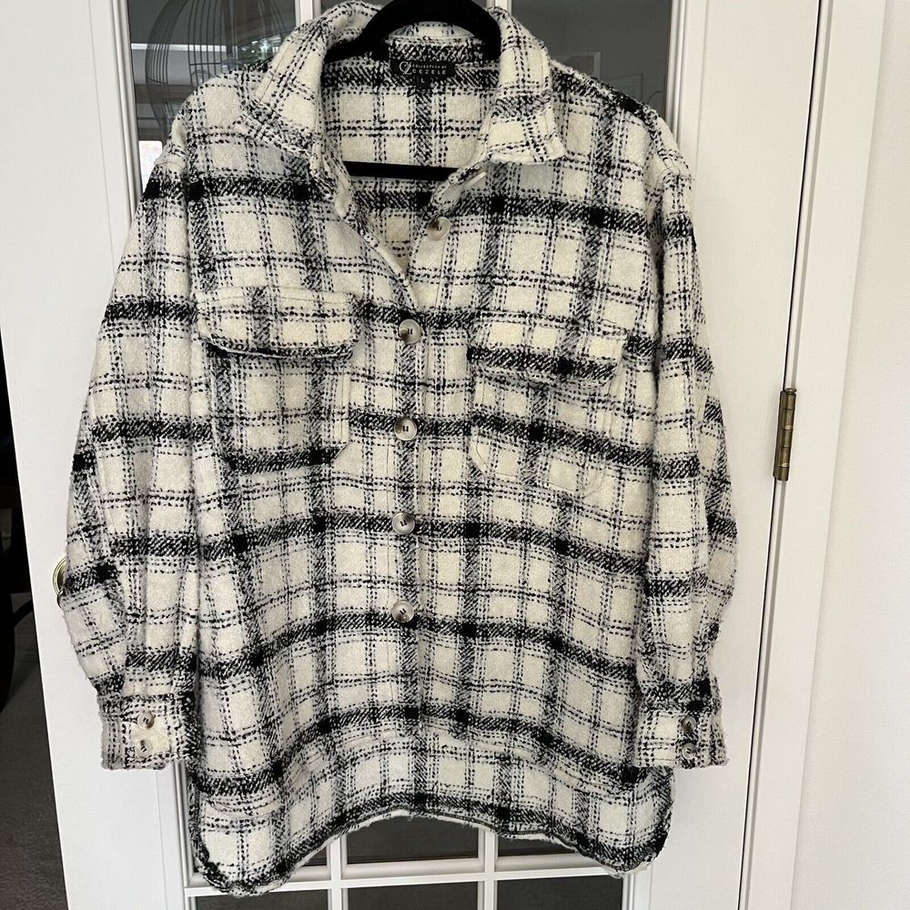 Cezele Plaid Flannel Shacket Shirt Oversized Jacket Button Pocket Women Sz Large